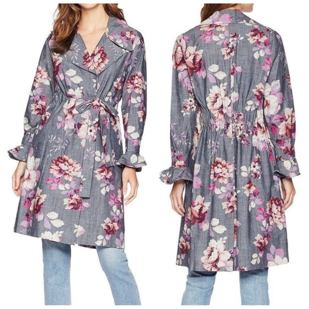 •JILL STUART• Nina Gray‎ Floral Print Trench Coat Tie Belt Ruffle Cuff Size S